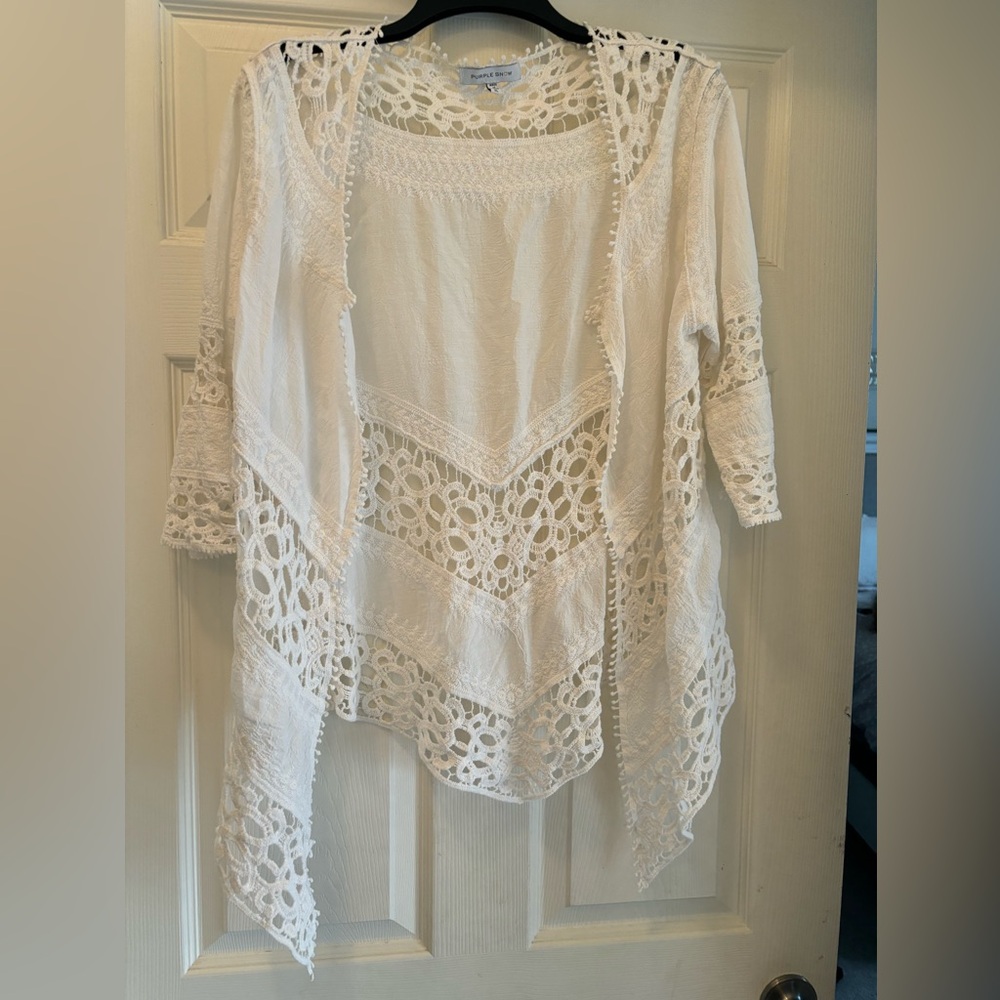 Purple Snow Ivory Cotton and Lace open cardigan